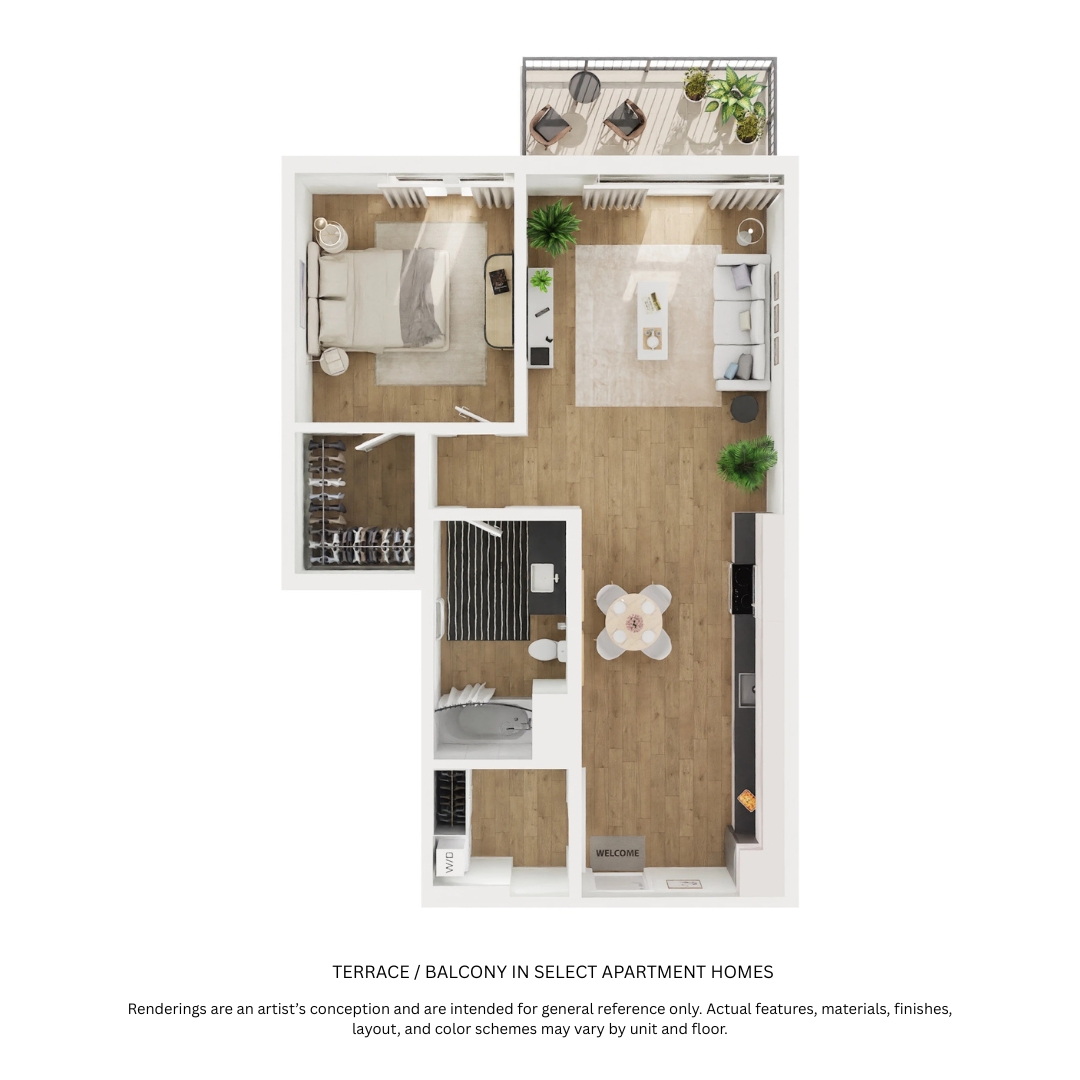 Floor plan for 1 bed, 1 bath, 621 sqft